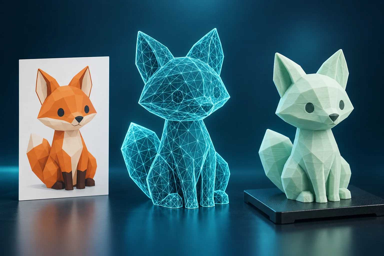 Ein stilisierter Fuchs als Bildvorlage, als Drahtgittermodell und als mintfarbene 3D-Figur